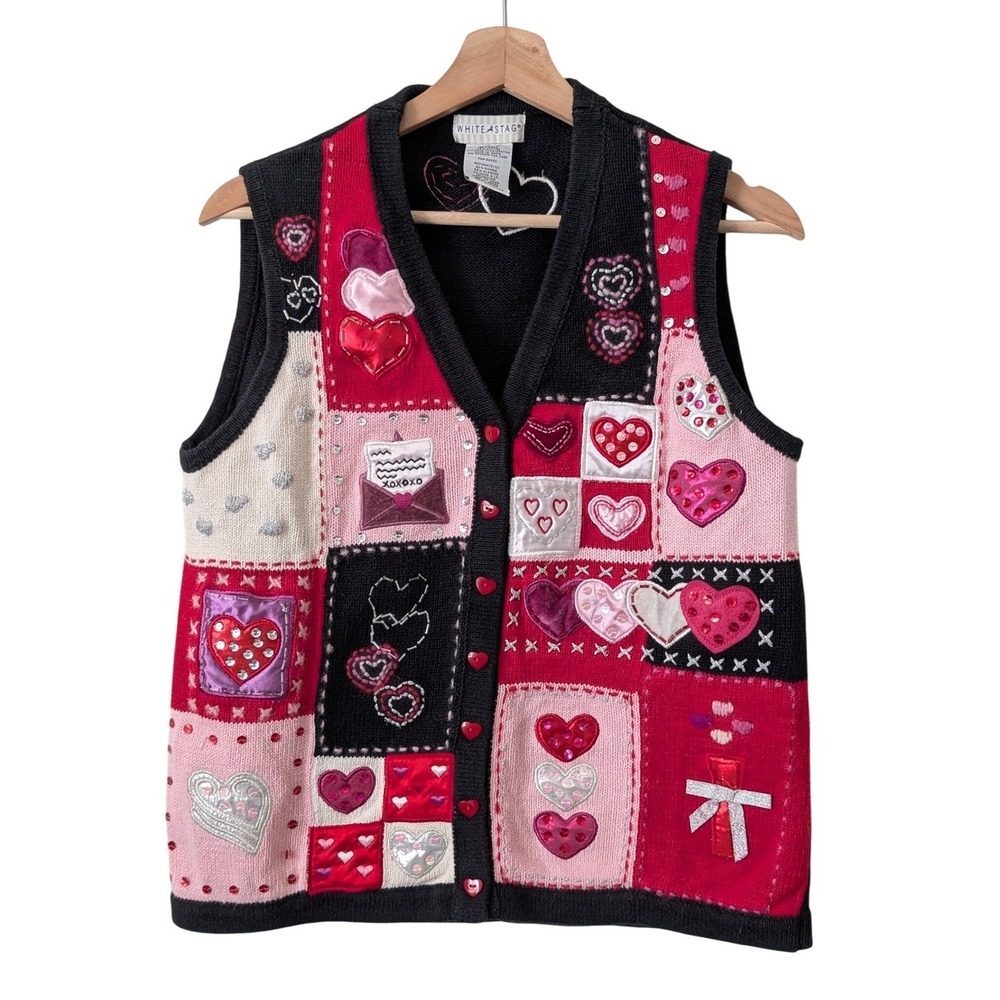 Vintage Valentines Day Heart Patchwork Sweater Vest Red Pink Medium Grannycore